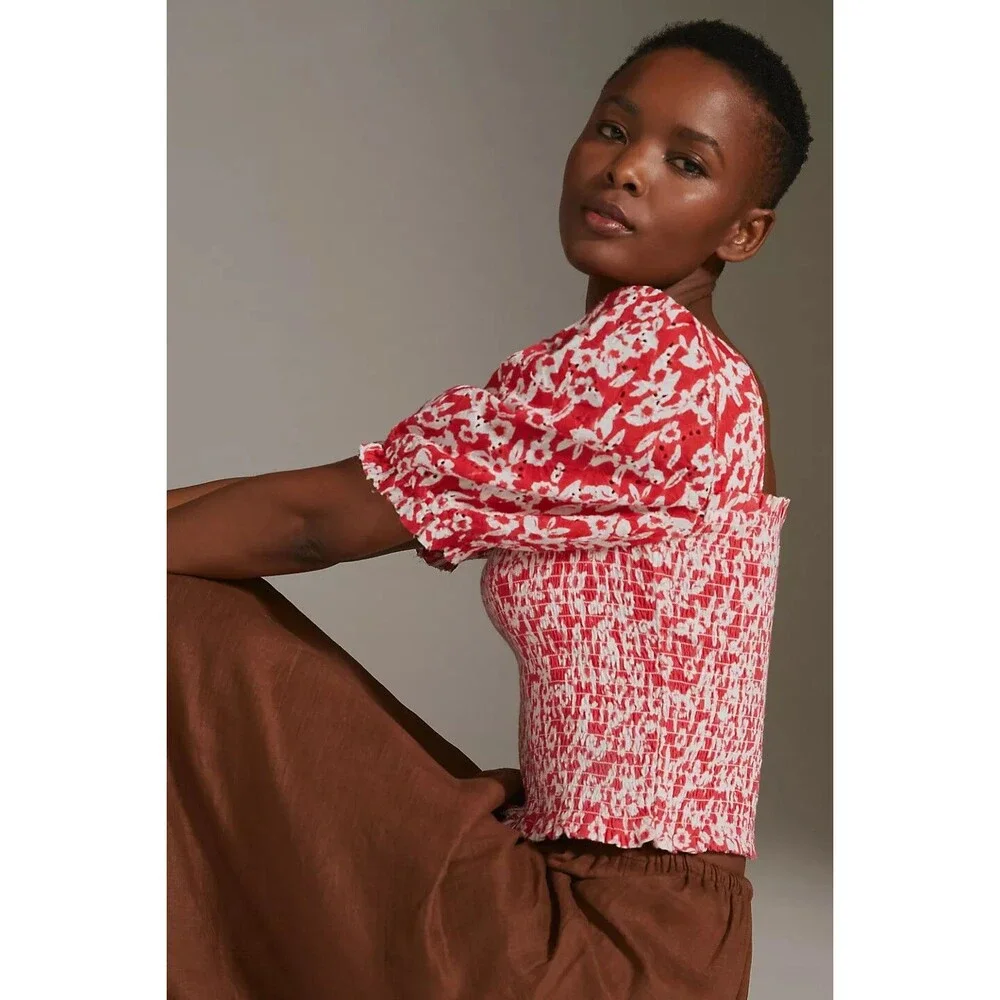 Anthropologie Smocked Eyelet Blouse Cropped Top Floral Embroidered XXS 250151